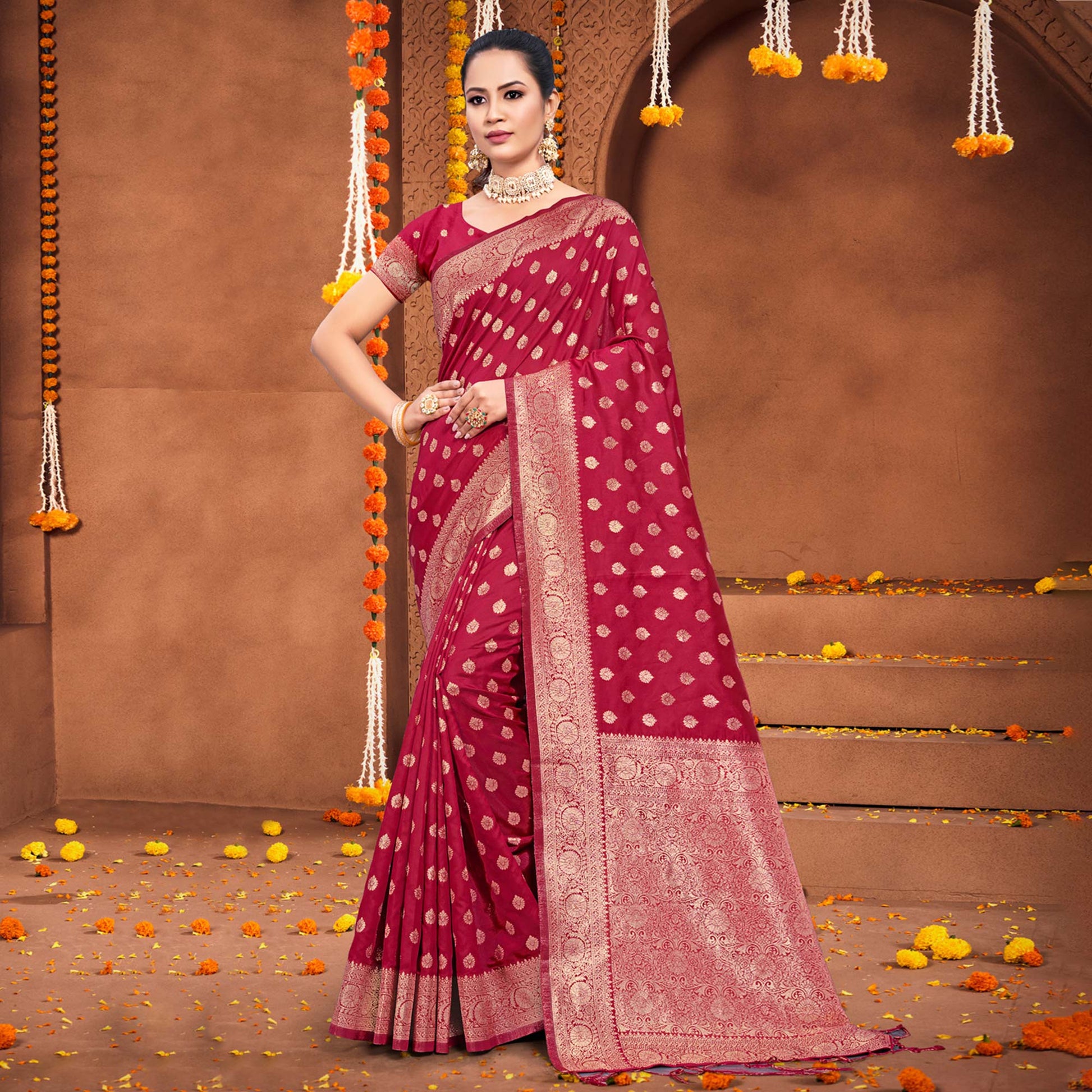 Maroon Floral Woven Banarasi Silk Saree