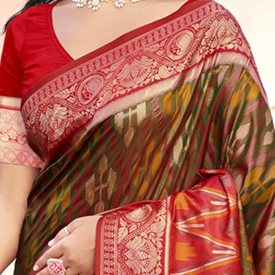 green-red-woven-cotton-silk-saree-with-tassels