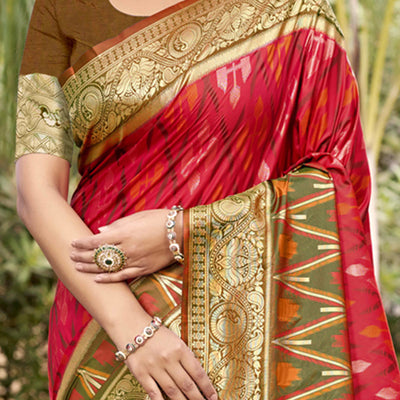 Cherry Red & Green Woven Cotton Silk Saree With Tassels