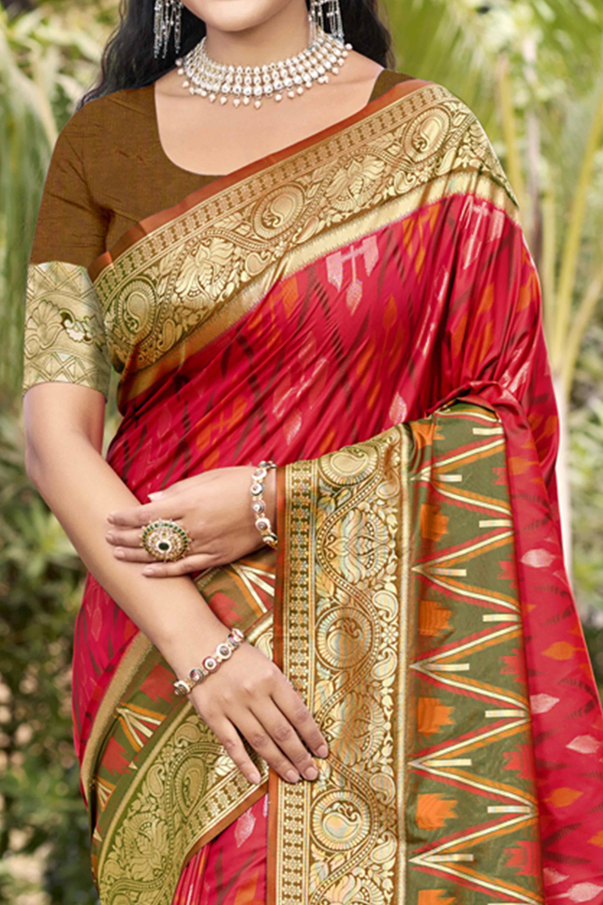 Cherry Red & Green Woven Cotton Silk Saree With Tassels