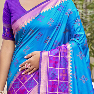 Blue Woven Cotton Silk Saree With Tassels