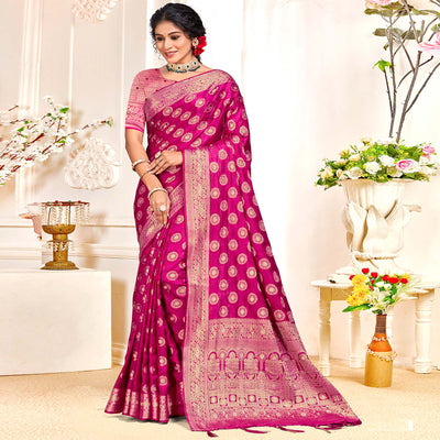 Magenta Floral Woven Cotton Silk Saree With Tassels