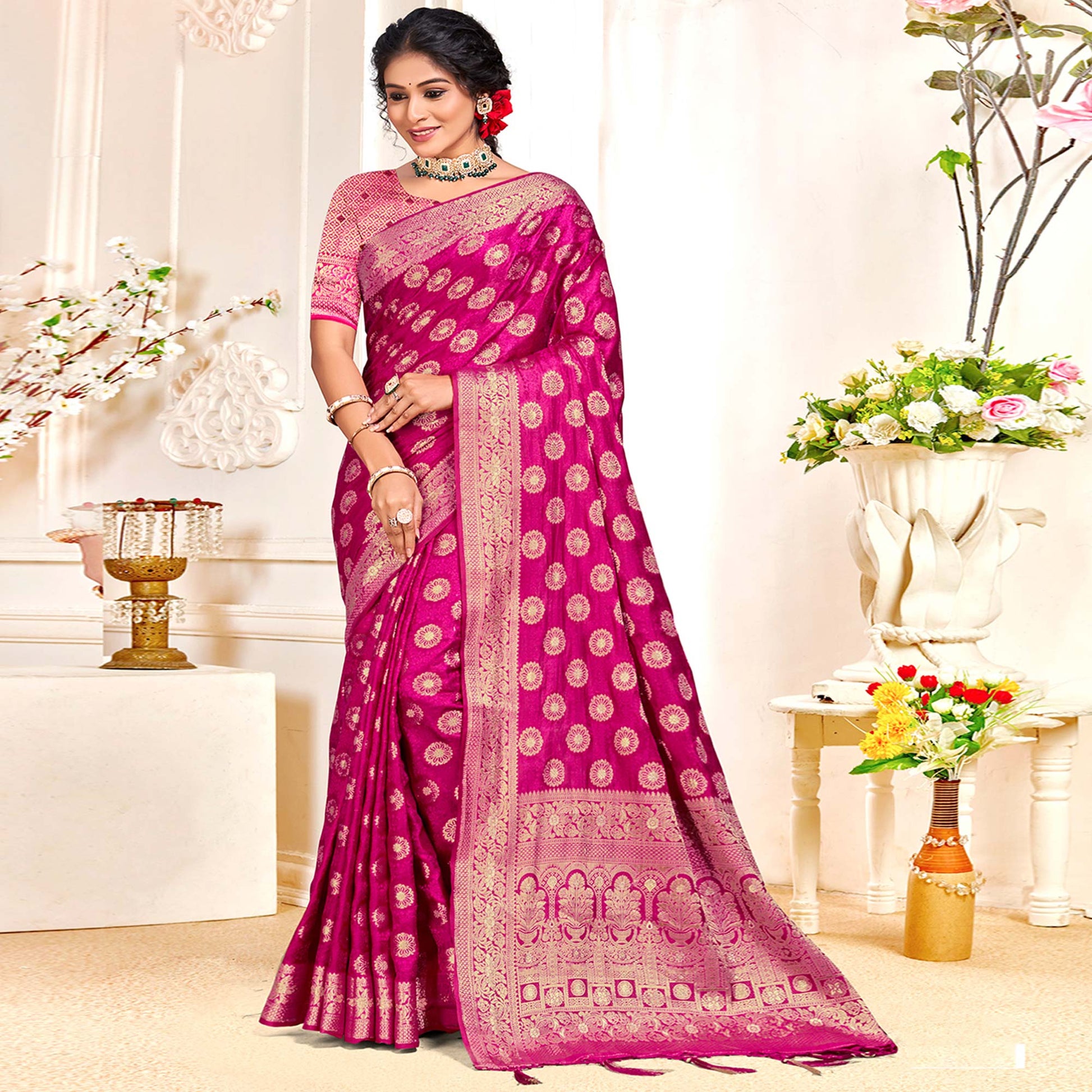 Magenta Floral Woven Cotton Silk Saree With Tassels