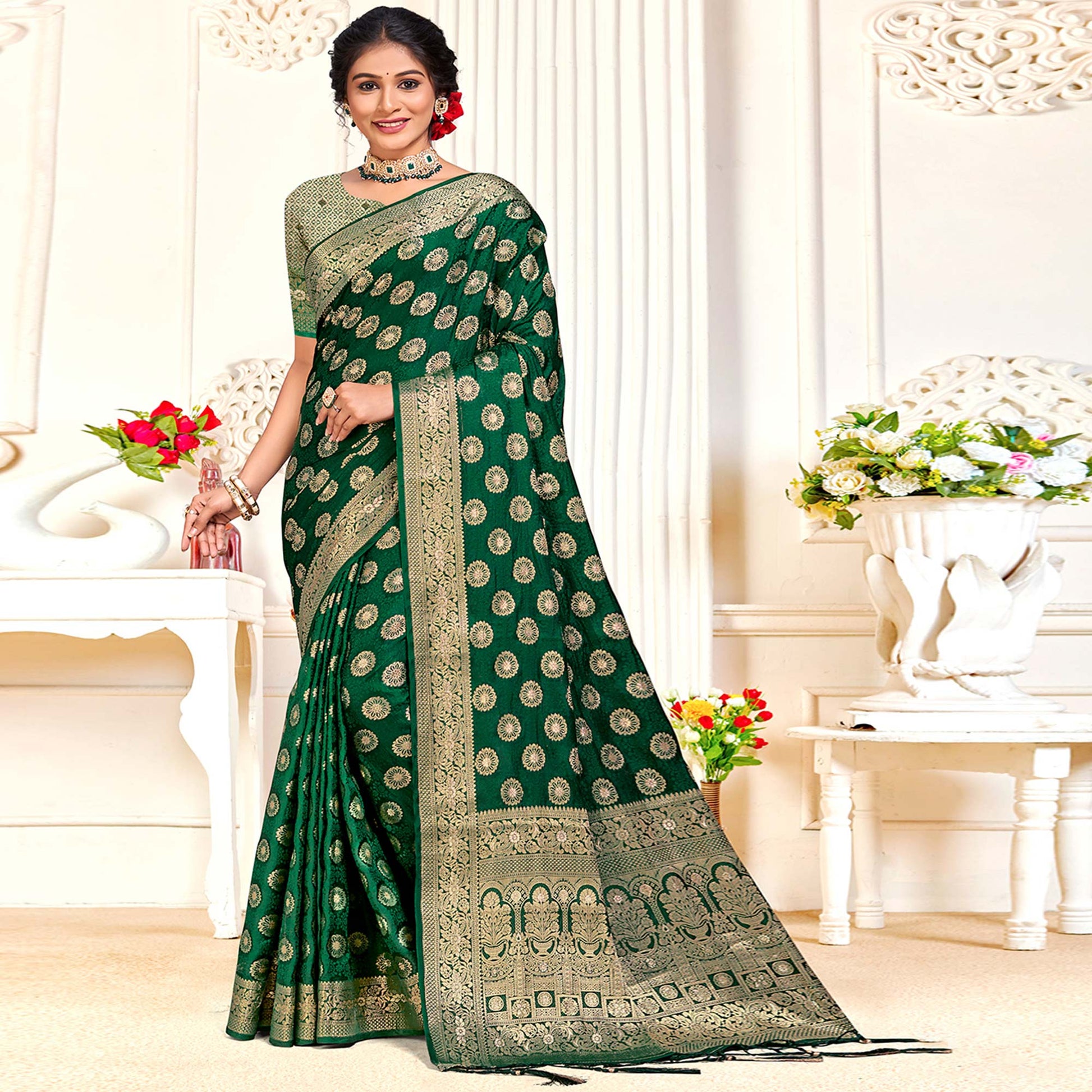 Dark Green Floral Woven Cotton Silk Saree With Tassels