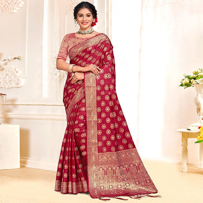 Maroon Floral Woven Cotton Silk Saree With Tassels
