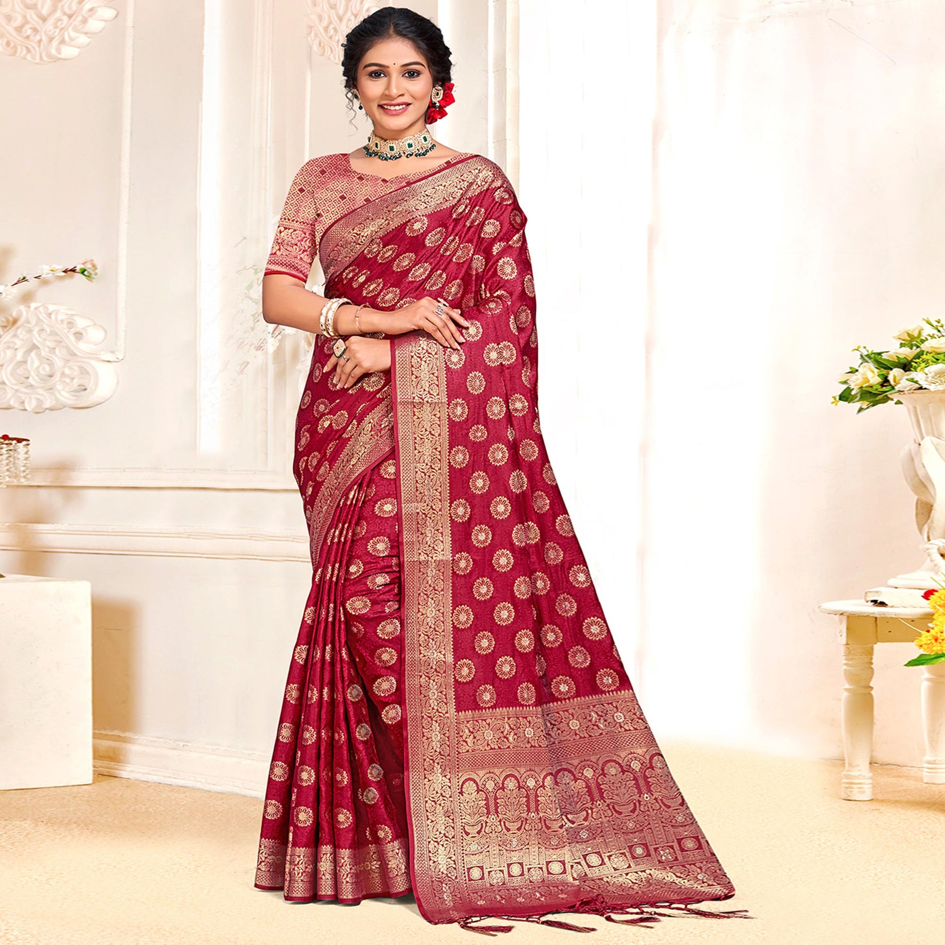 Maroon Floral Woven Cotton Silk Saree With Tassels