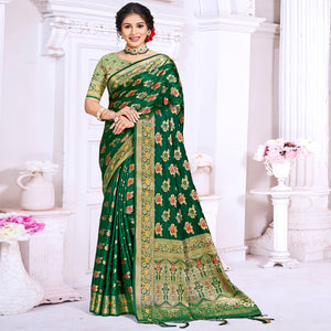 Dark Green Floral Woven Cotton Silk Saree With Tassels