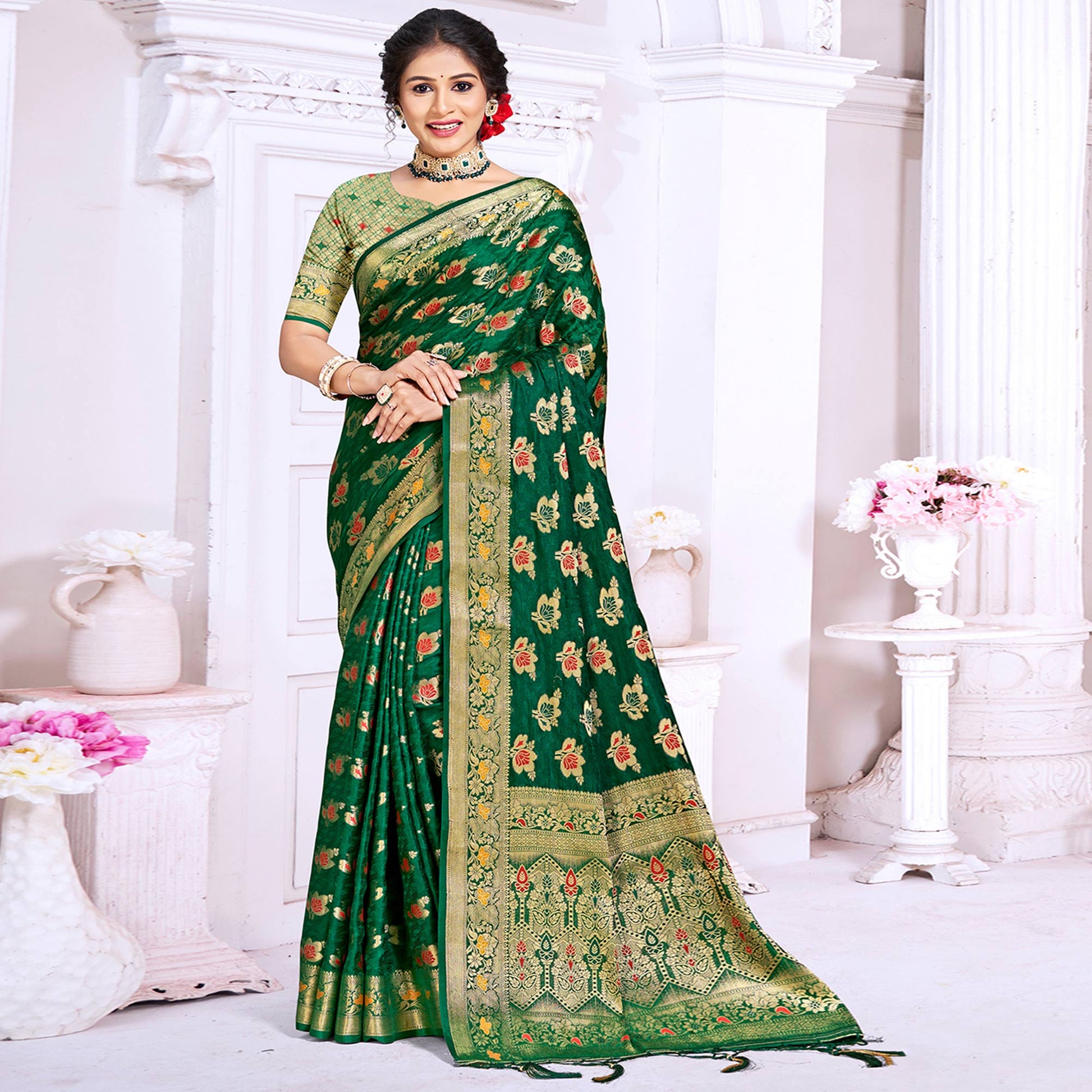 Dark Green Floral Woven Cotton Silk Saree With Tassels