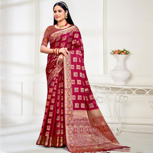 Maroon Floral Woven Cotton Silk Saree With Tassels