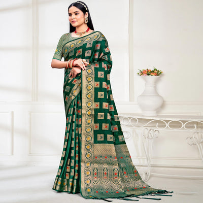 Dark Green Floral Woven Cotton Silk Saree With Tassels