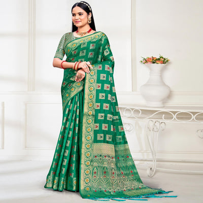 green-floral-woven-cotton-silk-saree-with-tassels-4