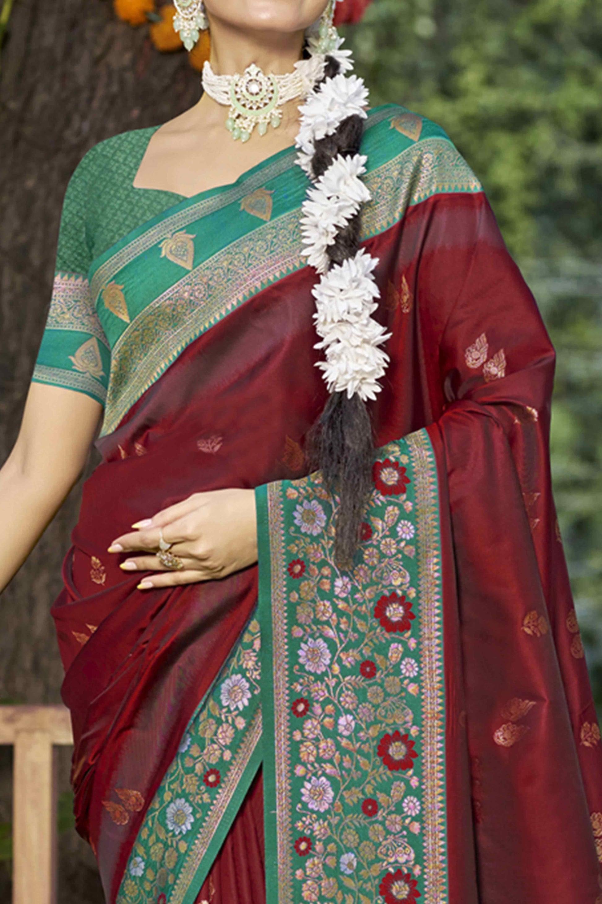 Maroon Floral Woven Banarasi Silk Saree With Tassels