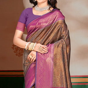 Brown & Purple Woven Vichitra Silk Saree With Tassels