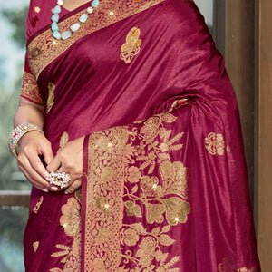 Dark Magenta Floral Woven With Swarovski Work Pure Silk Saree With Tassels