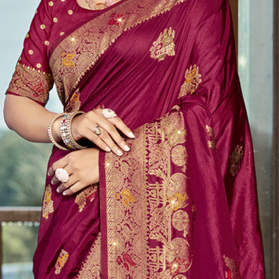 Dark Magenta Floral Woven With Swarovski Work Pure Silk Saree With Tassels