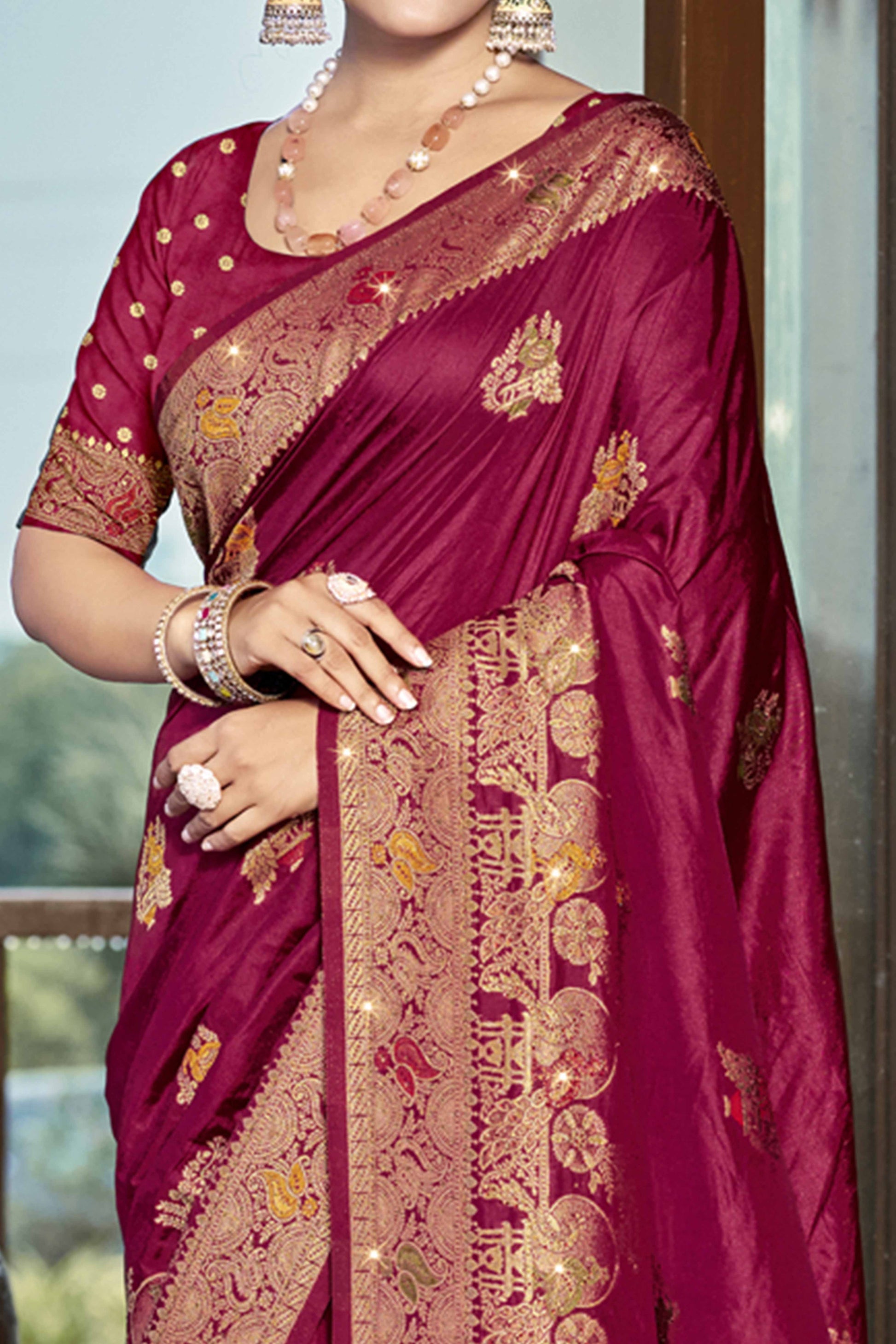 Dark Magenta Floral Woven With Swarovski Work Pure Silk Saree With Tassels