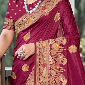 Dark Magenta Floral Woven With Swarovski Work Pure Silk Saree With Tassels