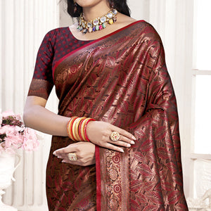 Maroon Woven Banarasi Silk Saree With Tassels