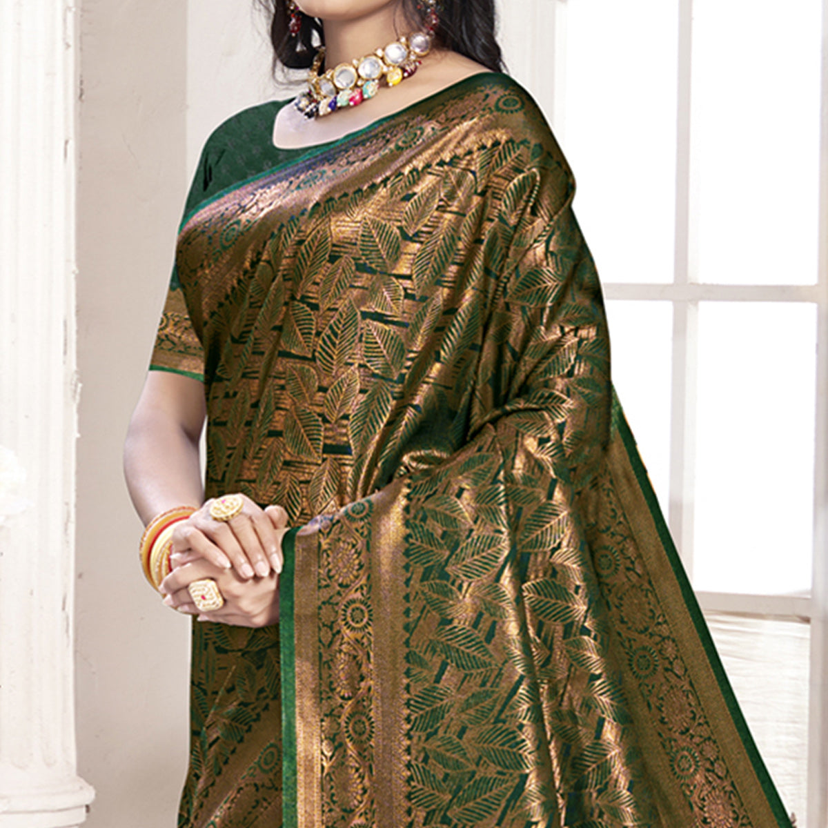 Dark Green Woven Banarasi Silk Saree With Tassels