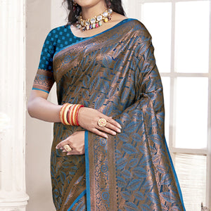 Blue Woven Banarasi Silk Saree With Tassels