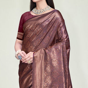 Maroon Floral Woven Banarasi Silk Saree With Tassels