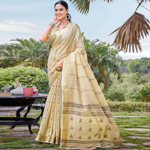 Cream Woven Cotton Blend Saree With Tassels