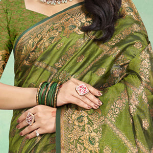 Mehendi Green Floral Woven Cotton Silk Saree