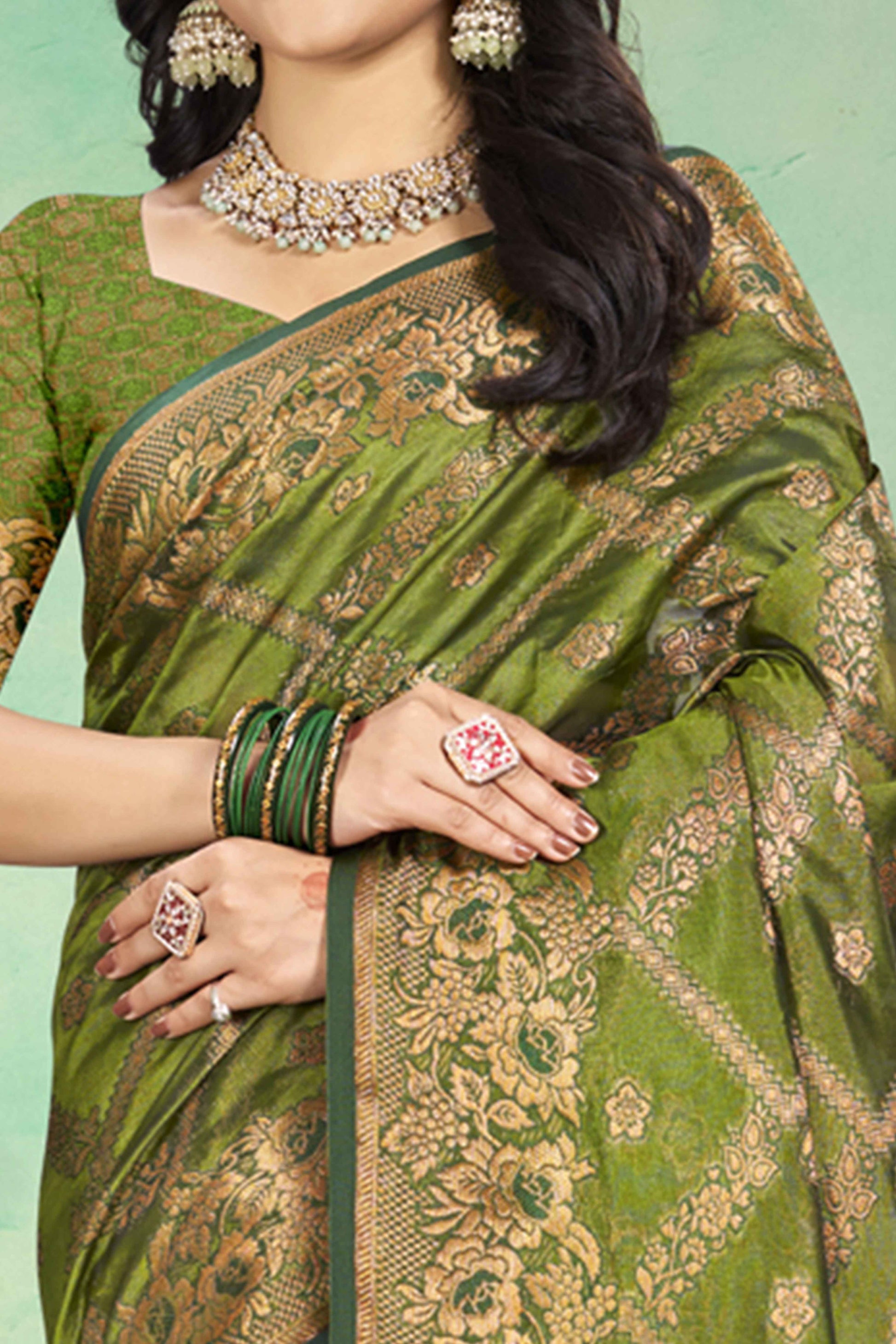Mehendi Green Floral Woven Cotton Silk Saree