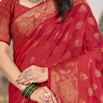 Cherry Red Floral Woven Cotton Silk Saree