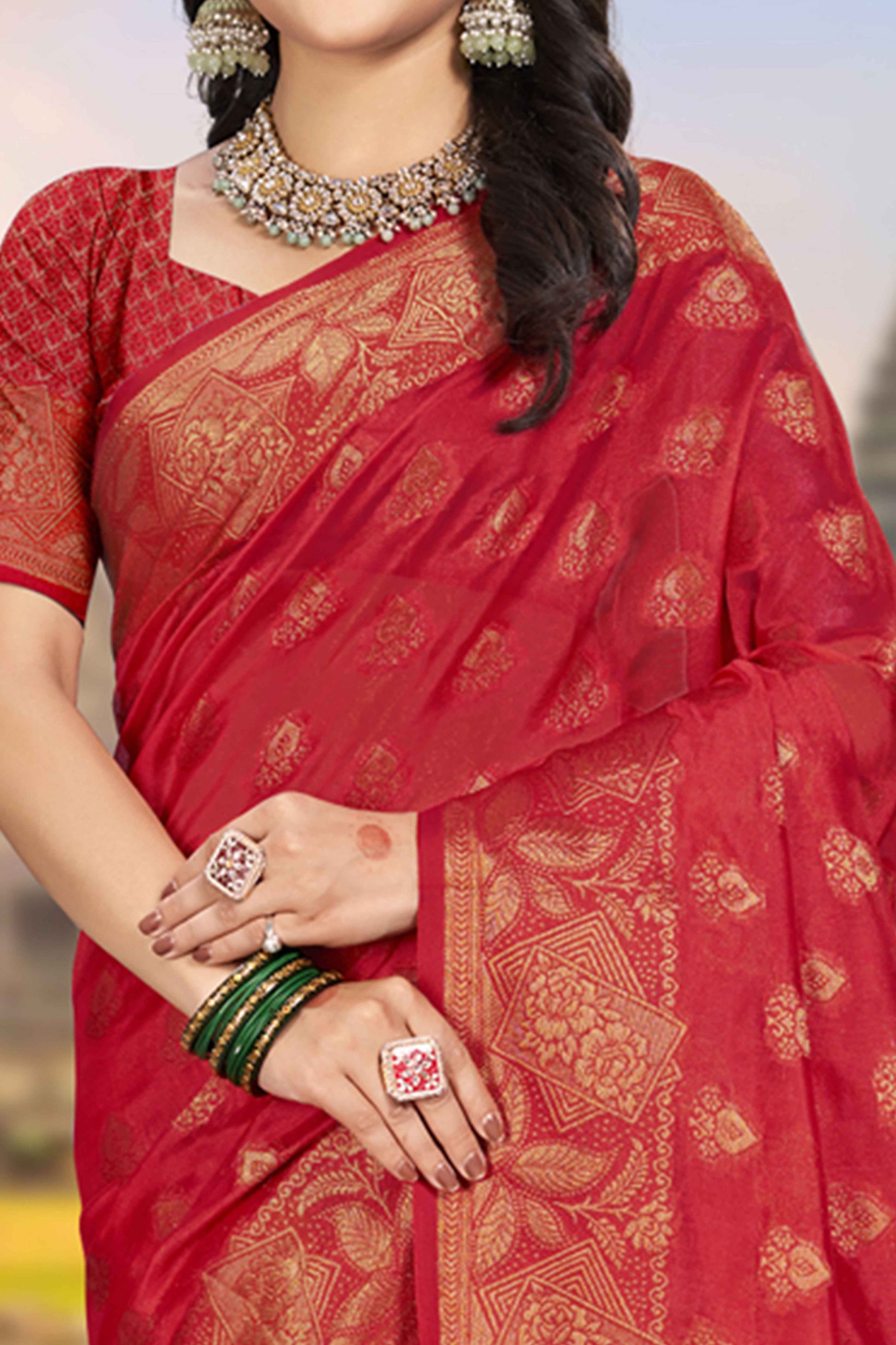 Cherry Red Floral Woven Cotton Silk Saree
