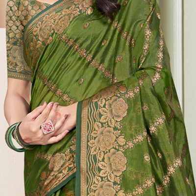 Mehendi Green Floral Woven Cotton Silk Saree