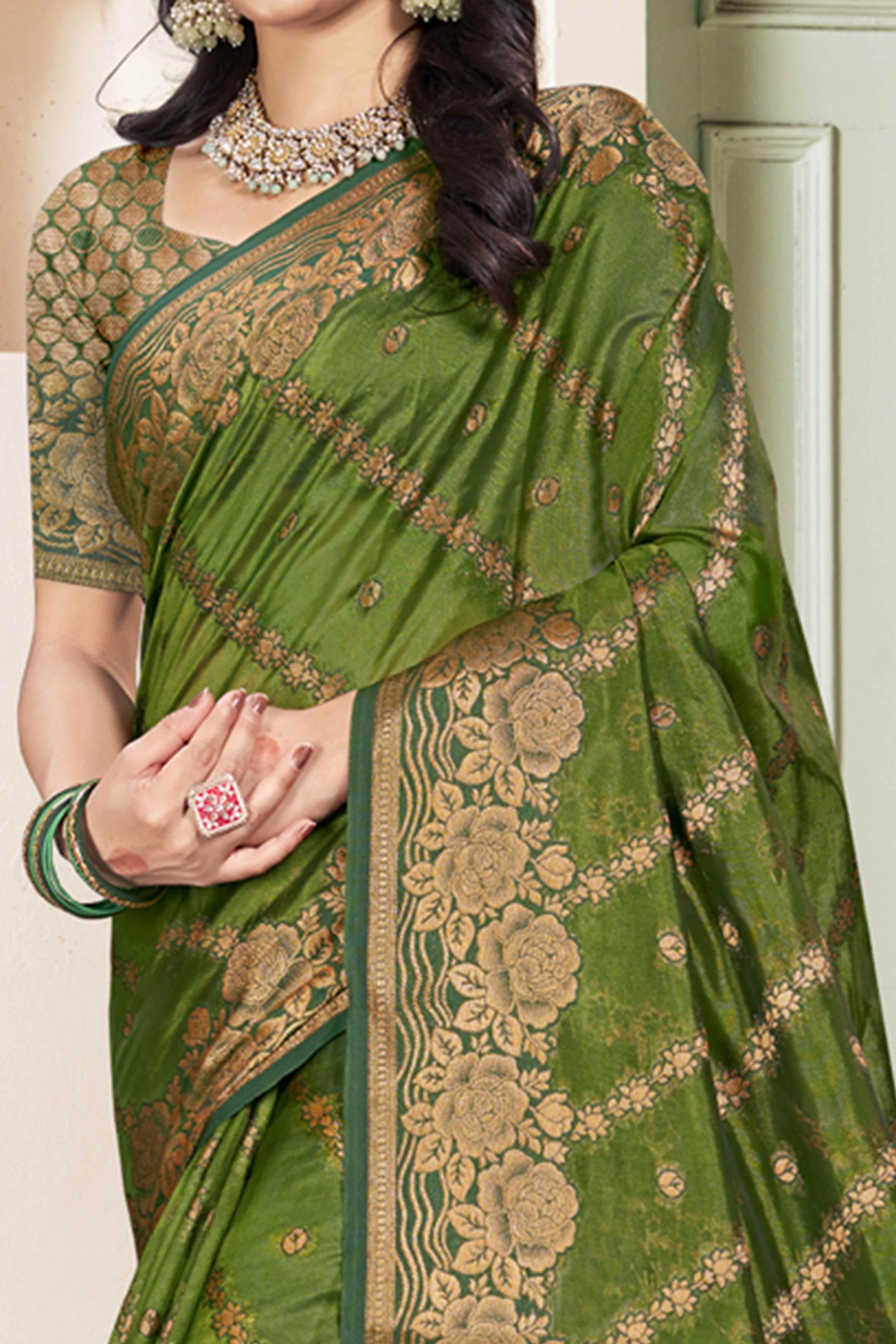 Mehendi Green Floral Woven Cotton Silk Saree