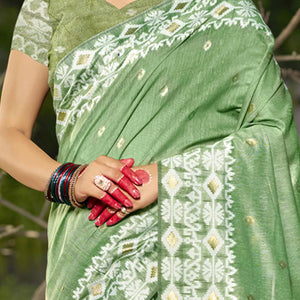 green-woven-linen-cotton-saree-with-tassels