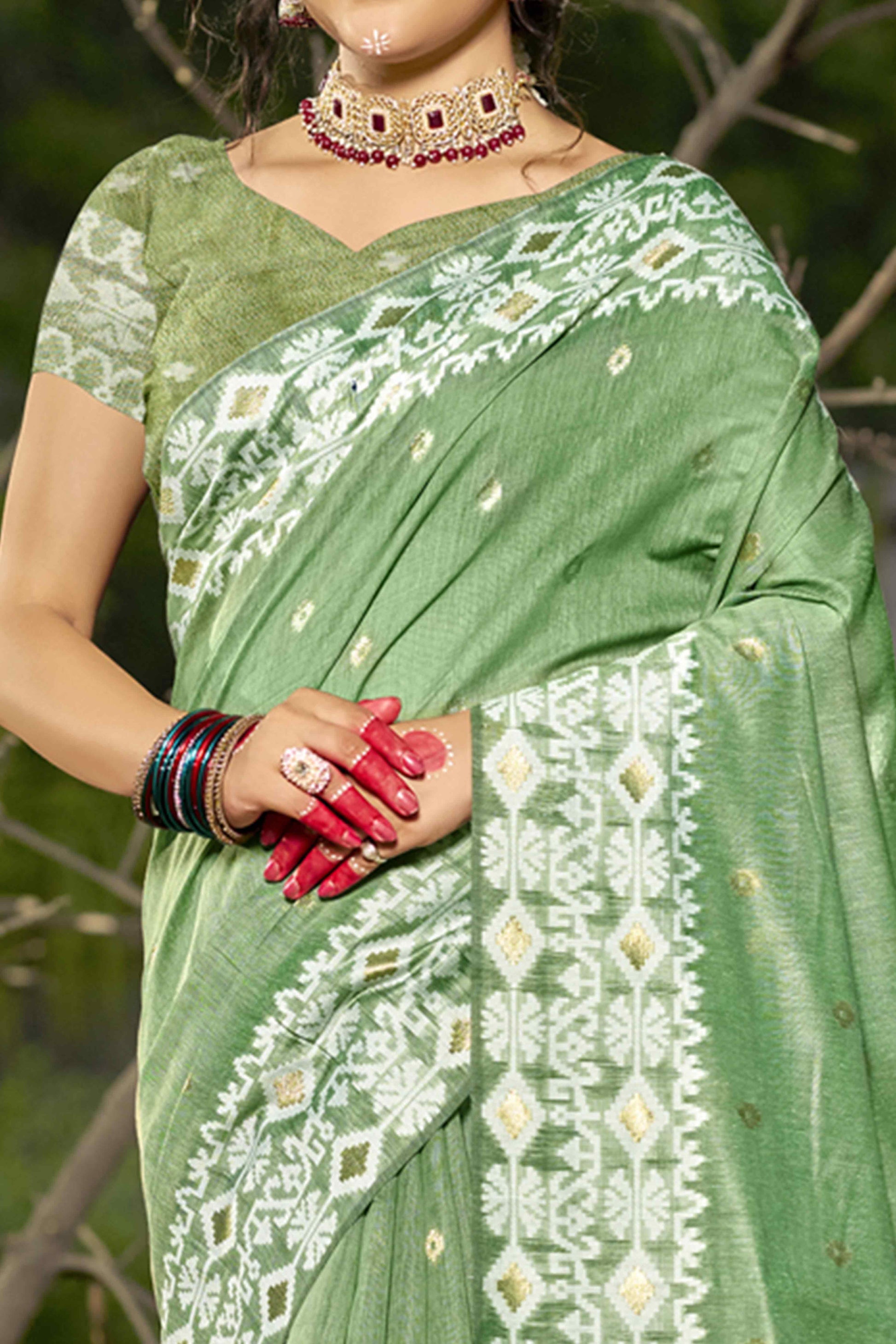 green-woven-linen-cotton-saree-with-tassels