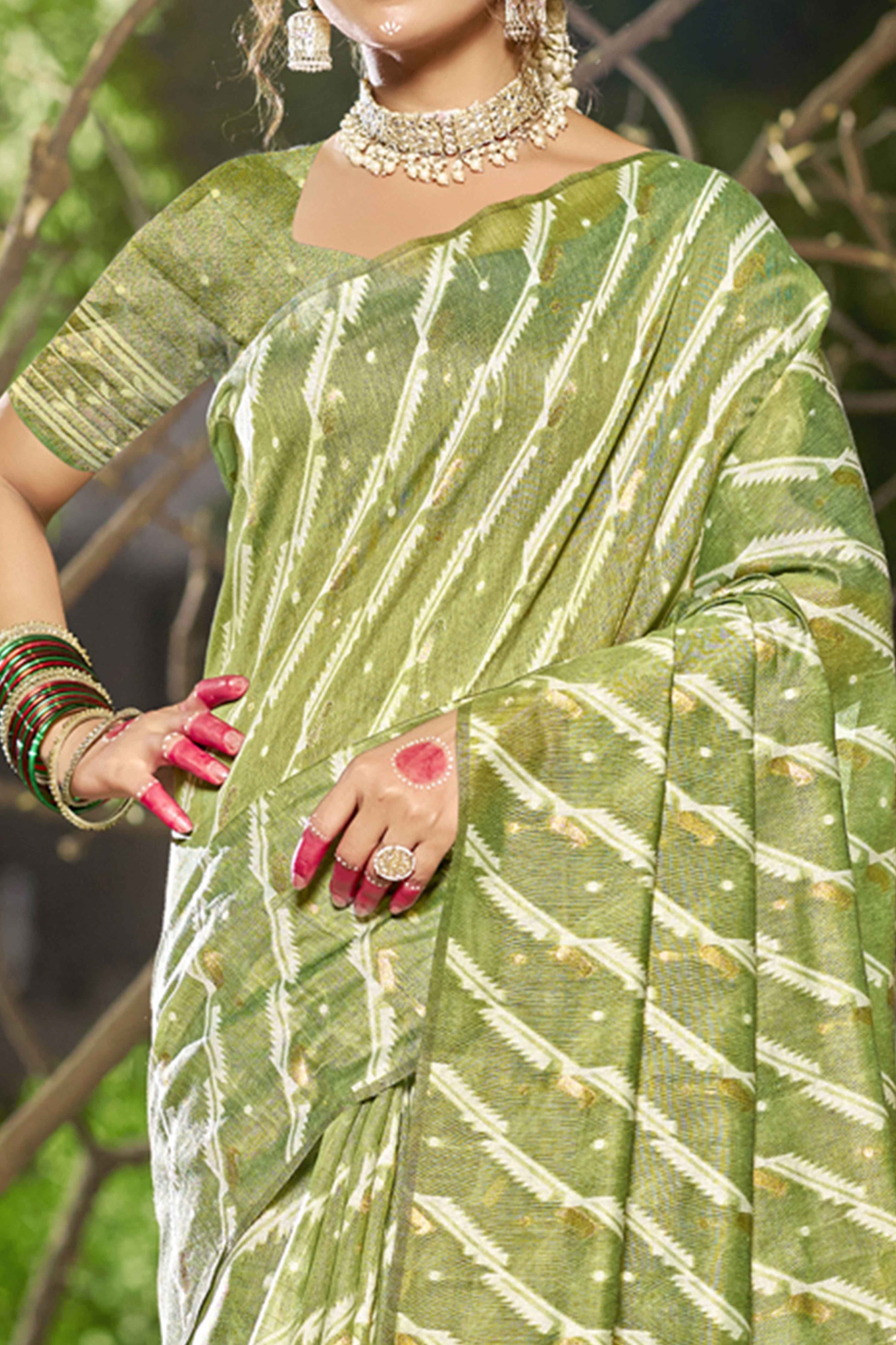 green-printed-with-woven-linen-cotton-saree-with-tassels