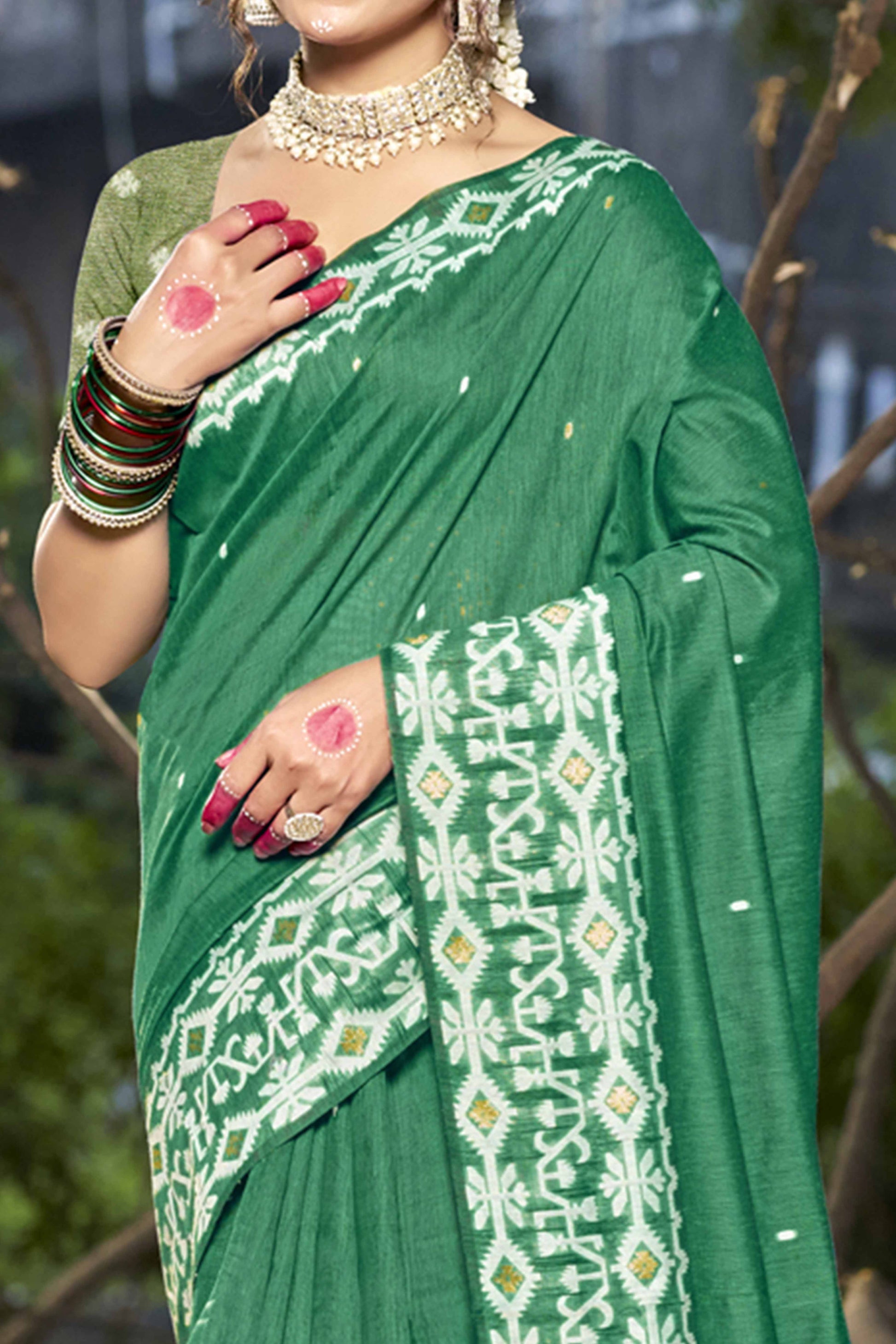 green-woven-linen-cotton-saree-with-tassels-8