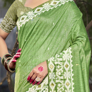 Light Green Woven Linen Cotton Saree With Tassels