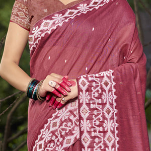 Dark Rose Pink Woven Linen Cotton Saree With Tassels