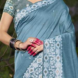 Light Blue Woven Linen Cotton Saree With Tassels