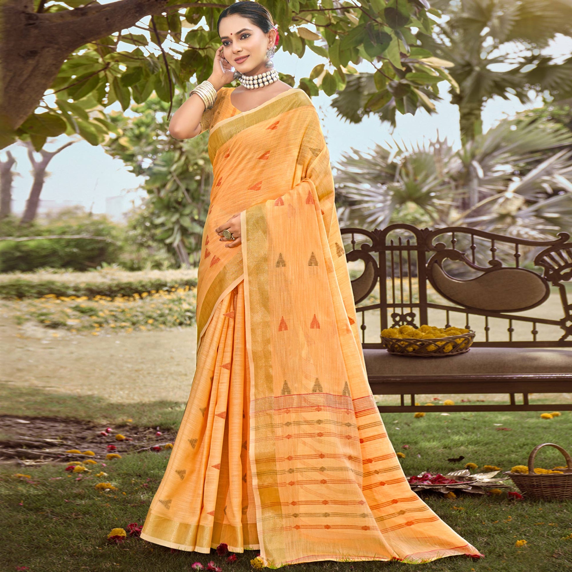 Light Orange Woven Cotton Blend Saree