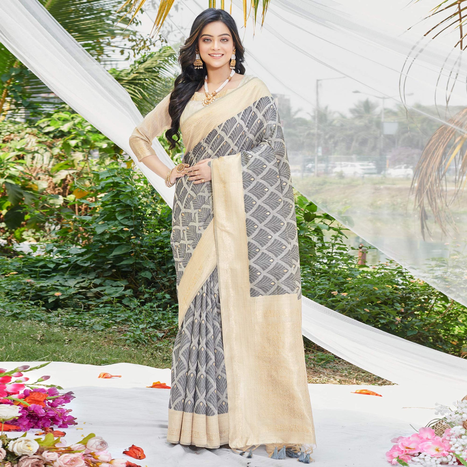 Grey Woven Cotton Silk Saree With Tassels