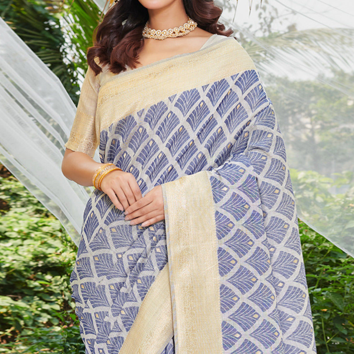 Blue Woven Cotton Silk Saree With Tassels