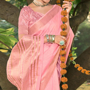Light Pink Woven Cotton Blend Saree