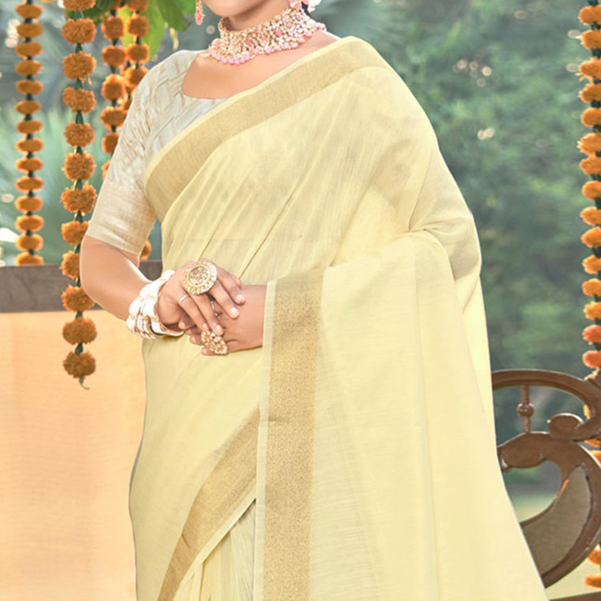 Cream Woven Cotton Blend Saree