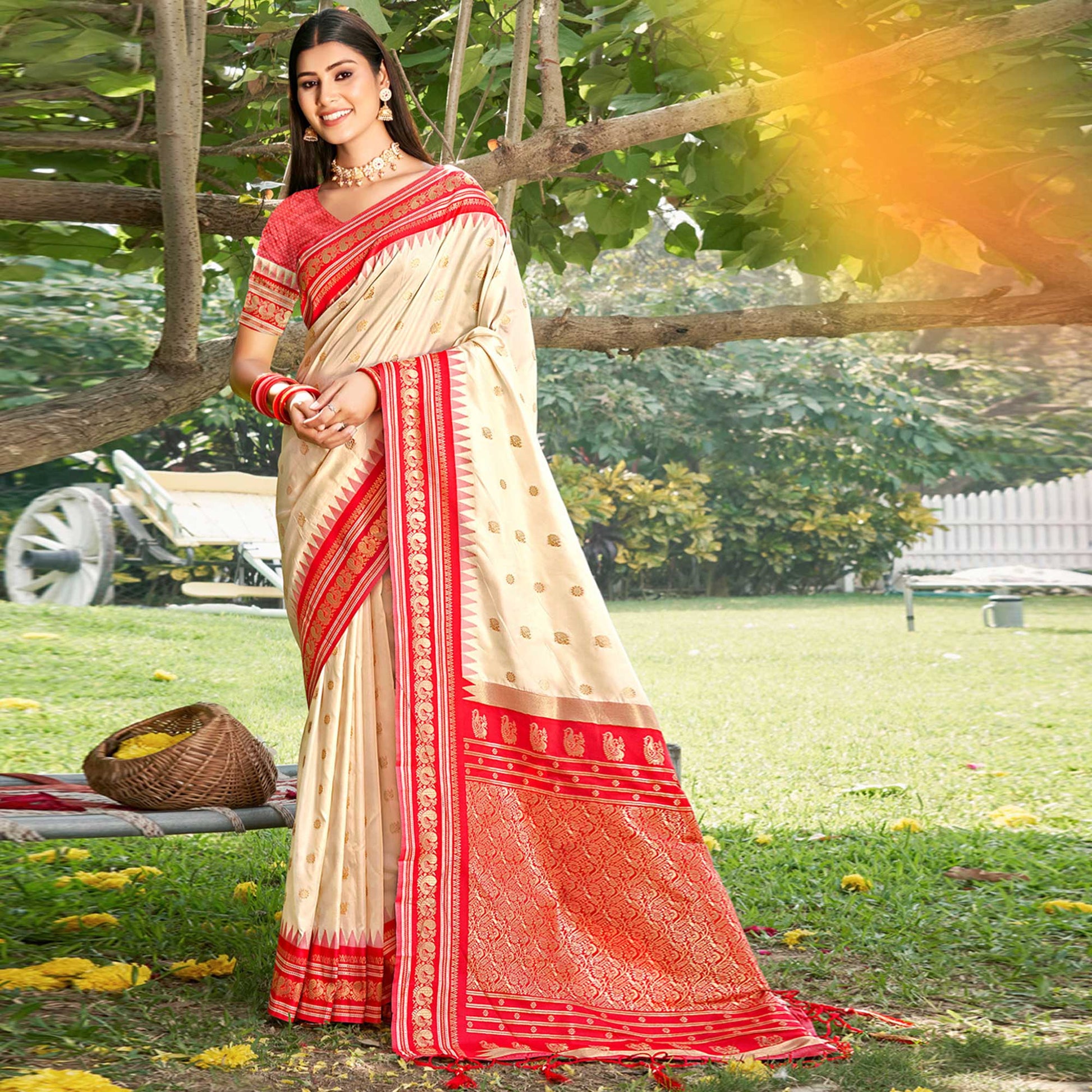 Cream Woven Paithani Banarasi Silk Saree With Tassels