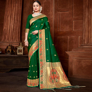 green-woven-paithani-banarasi-silk-saree-with-tassels