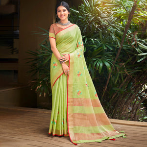green-floral-embroidered-linen-saree-with-tassels-1