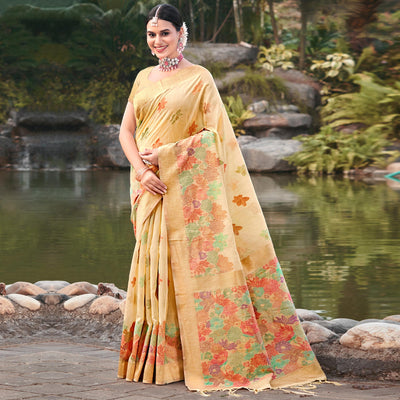 Light Beige Woven Cotton Blend Saree With Tassels