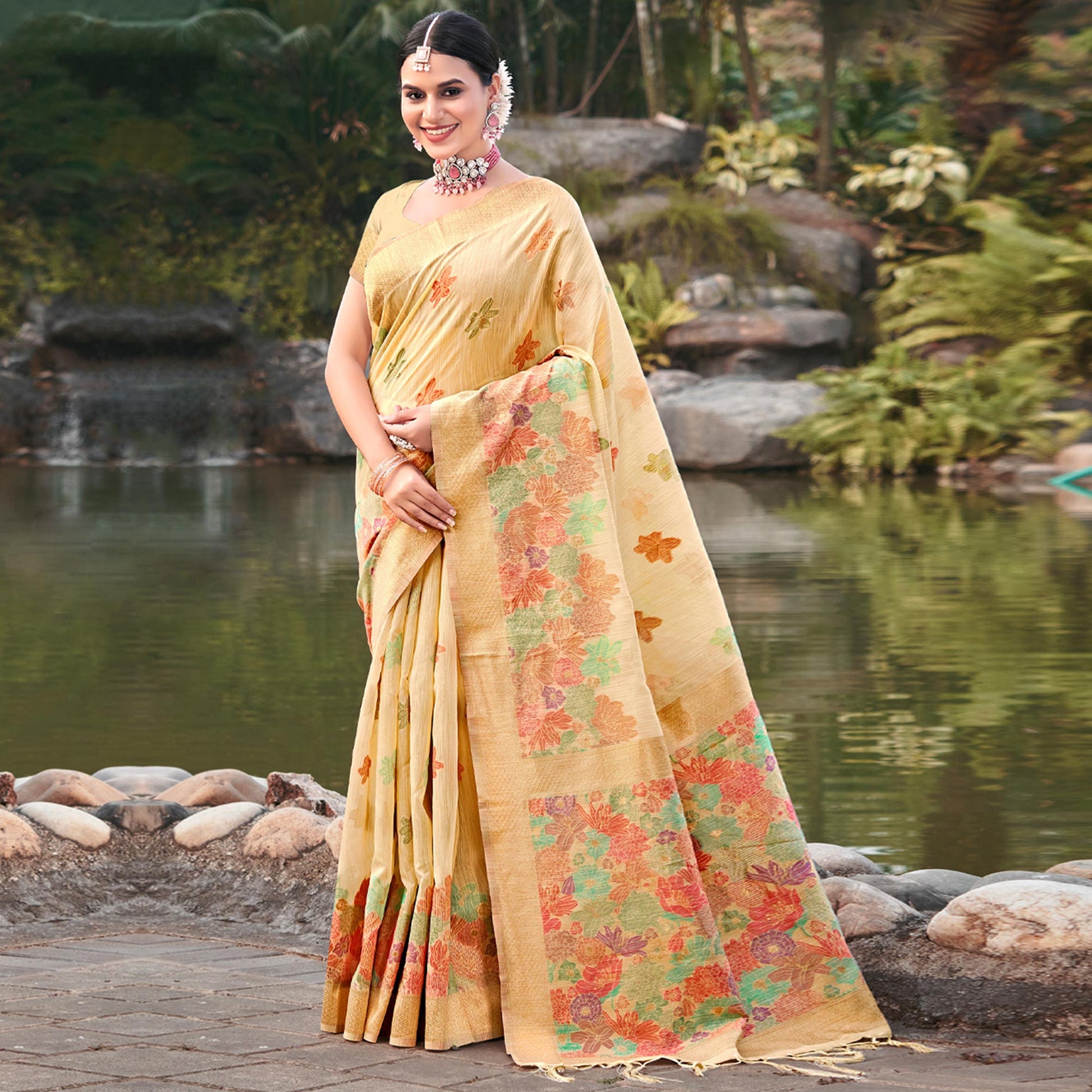 Light Beige Woven Cotton Blend Saree With Tassels
