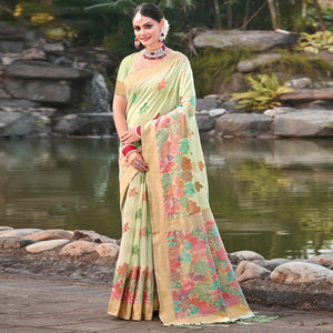 Light Green Woven Cotton Blend Saree With Tassels